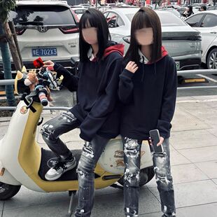 广州新款D2破洞广州牛仔裤泼墨潮牌补丁修身长裤轻奢男女弹力小脚