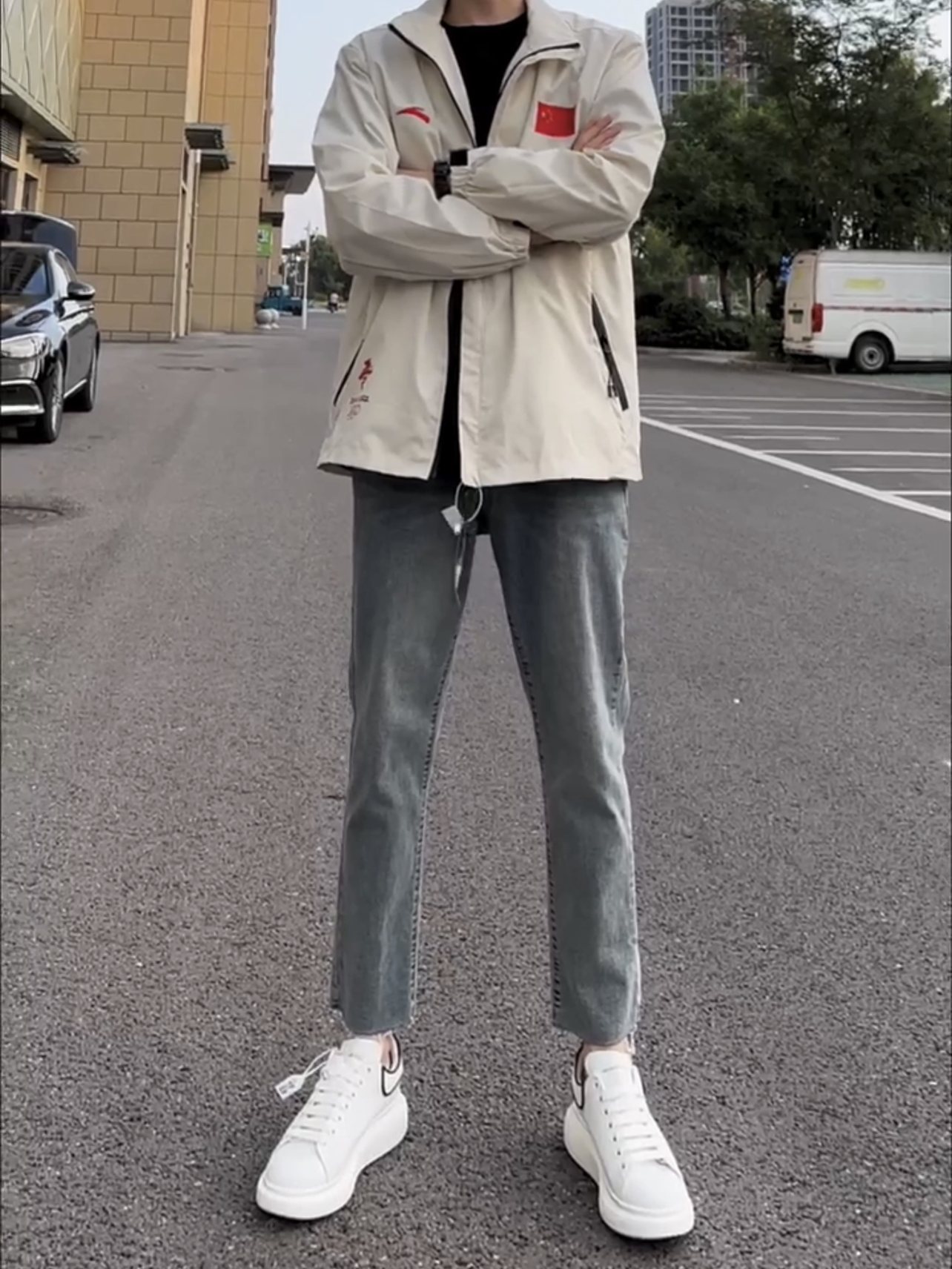 毛边水洗做旧复古直筒牛仔裤九分