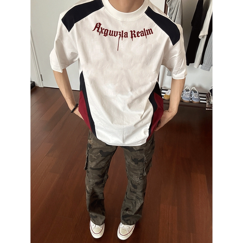 美式高街潮牌复古vibe字母圆领白色短袖T恤男款夏季纯棉重磅上衣