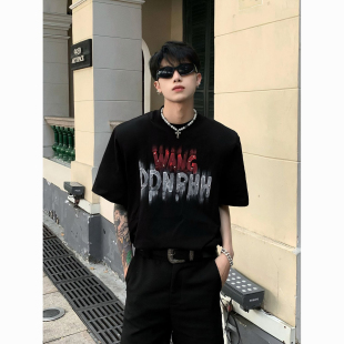 百搭休闲潮牌T恤 男夏设计感五分袖 美式 街头字母印花重磅280G短袖