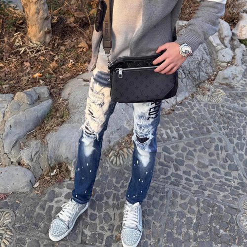 D2泼墨破洞宽松直筒牛仔裤