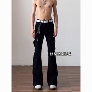 黑色vibe绑带微喇工装牛仔裤男款美式高街弯刀裤子修身提档直筒裤