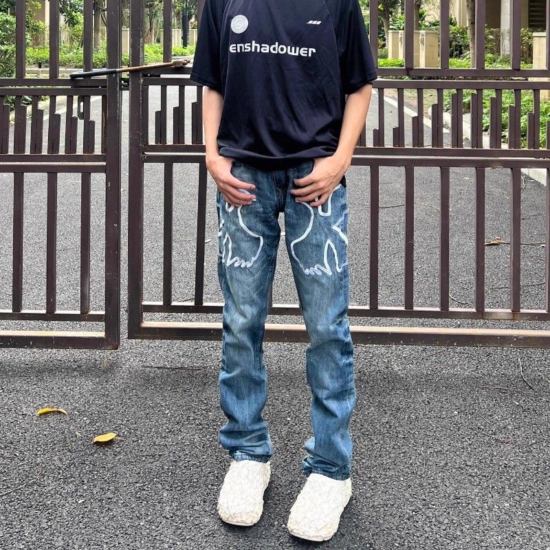 vibe美式休闲水洗鸽子刺绣牛仔裤男女潮流修身百搭显瘦直筒长裤子