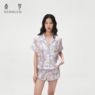 100%桑蚕丝女休闲家居服可外穿 真丝睡衣套装 时髦印花 桑罗短袖