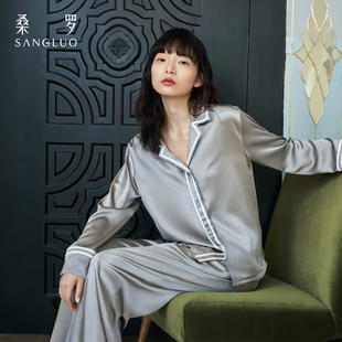 双面缎 桑罗重磅真丝水钻扣100%桑蚕丝女秋冬家居服睡衣