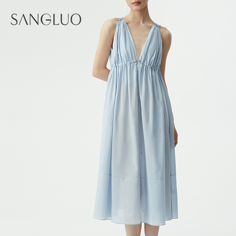 SANGLUO桑蚕丝丝棉吊带睡裙柔软透气轻盈速干海边度假风连衣裙