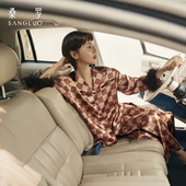 英伦复古 桑罗真丝睡衣摩卡格纹羽毛舒适可外穿100%桑蚕丝家居服