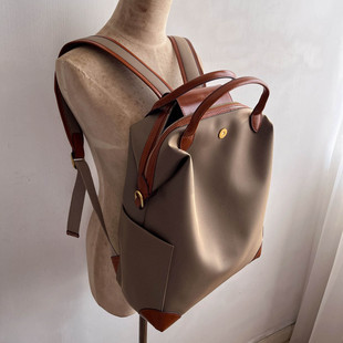 可放14寸电脑包~牛津布配牛皮双肩包女大容量多隔层撞色旅游背包