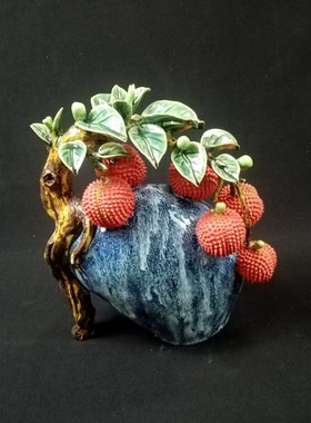 陶瓷工艺品摆件石湾公仔手工荔枝 六六大顺 家居新房客厅桌面摆设