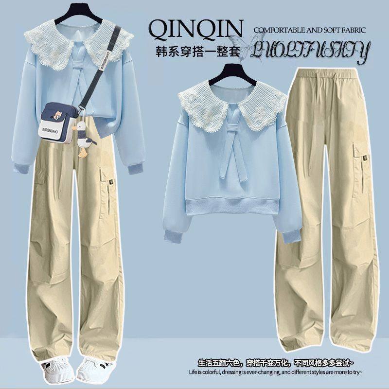 少女大童春秋巨好看套装学院风甜美娃娃领卫衣初中生工装裤两件套,女装/女士精品,时尚套装,淘宝优惠券,粉丝福利购,淘宝优惠卷