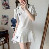 t恤a字百褶短裙两件套 学院风polo领短袖 小清新运动服套装 少女夏季
