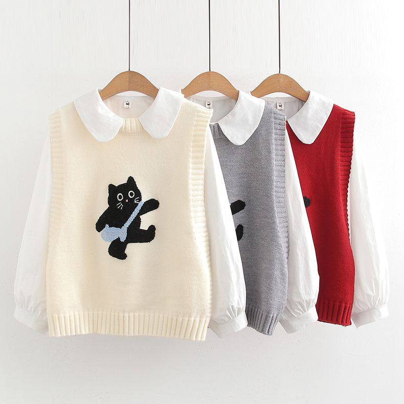 甜美可爱风小猫刺绣针织马甲女娃娃领叠穿毛衣背心衬衫两件套,女装/女士精品,毛衣,淘宝优惠券,粉丝福利购,淘宝优惠卷