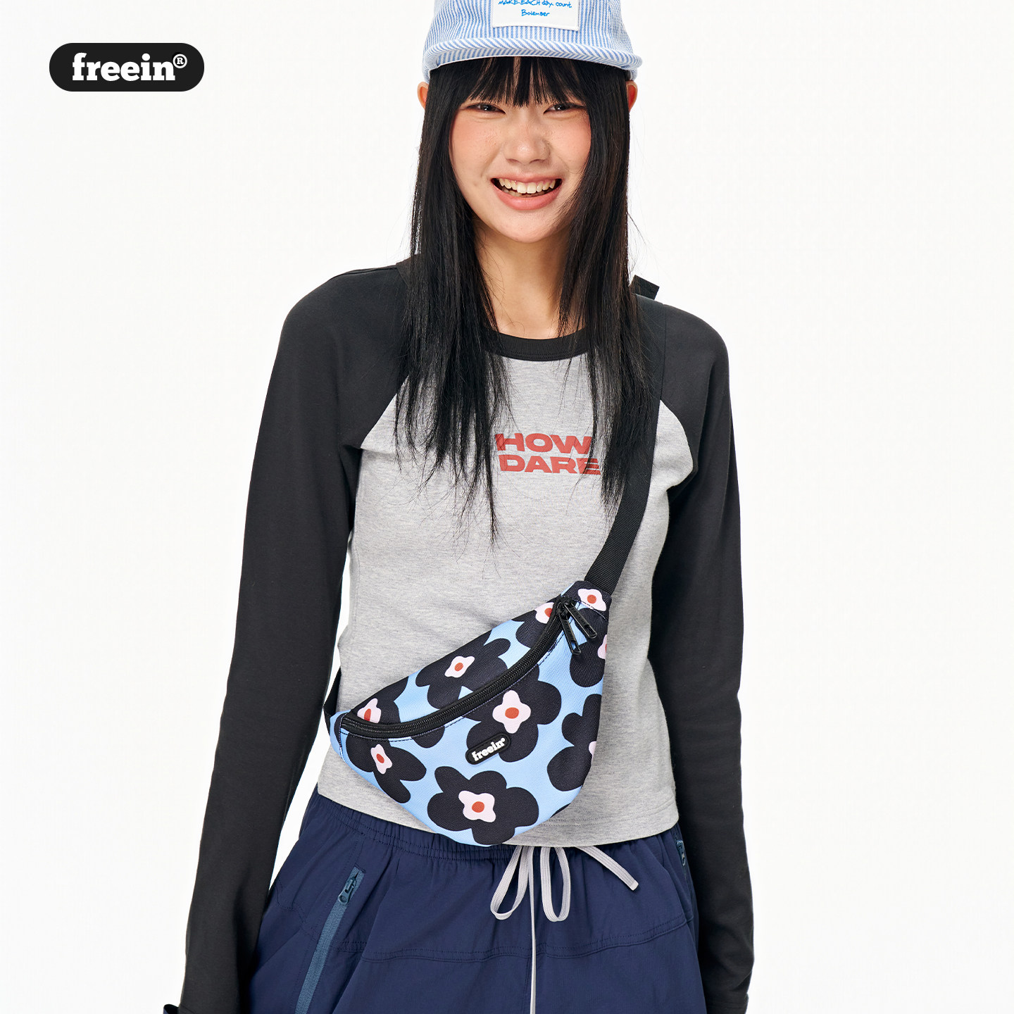 FREEIN原创印花斜挎胸包女潮流街头小众休闲腰包花朵手机包挎包