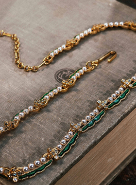 绿松施家珍珠三色豆荚轻奢小众Trifari 60s尤金尼法式复古项链