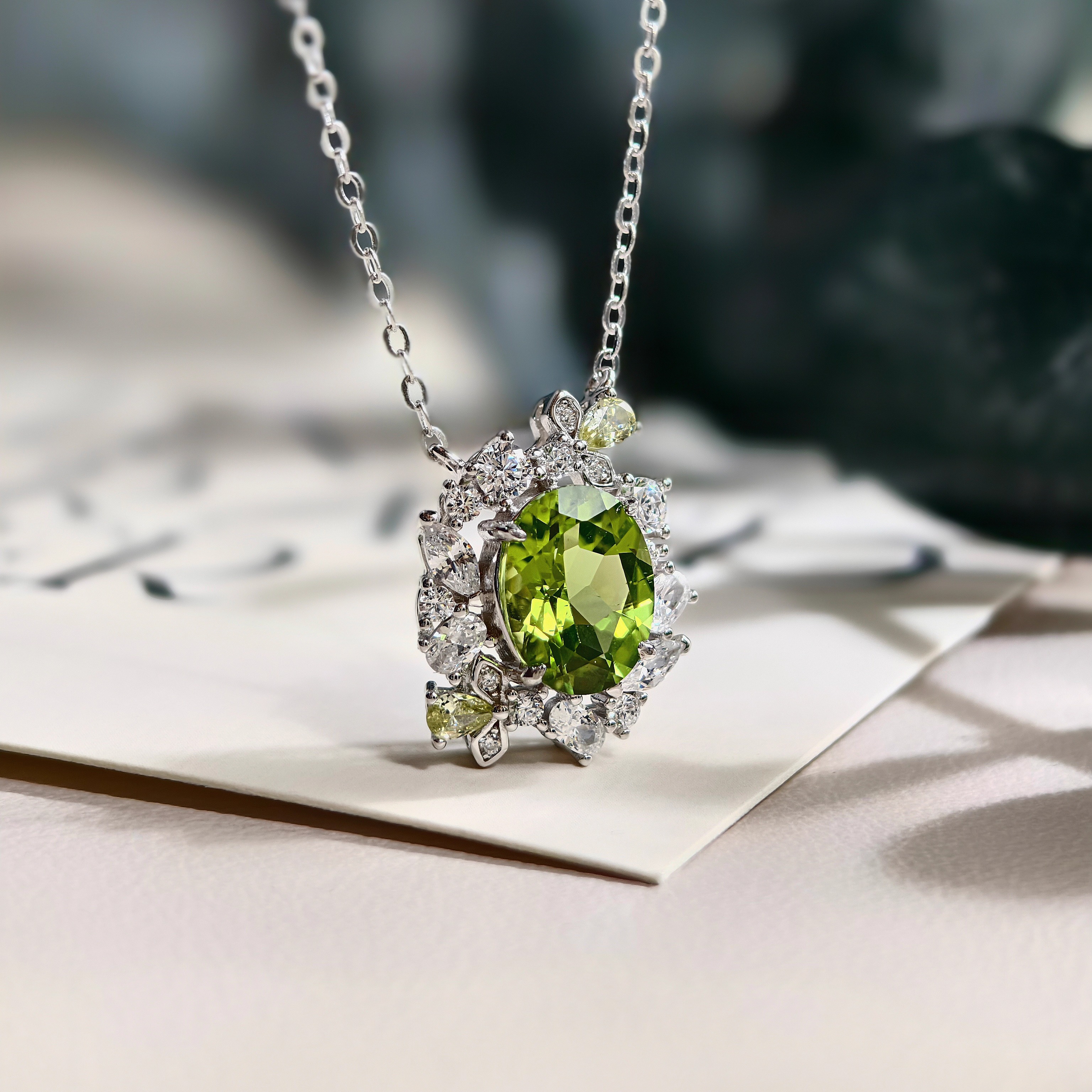 天然橄榄石925银项链女款