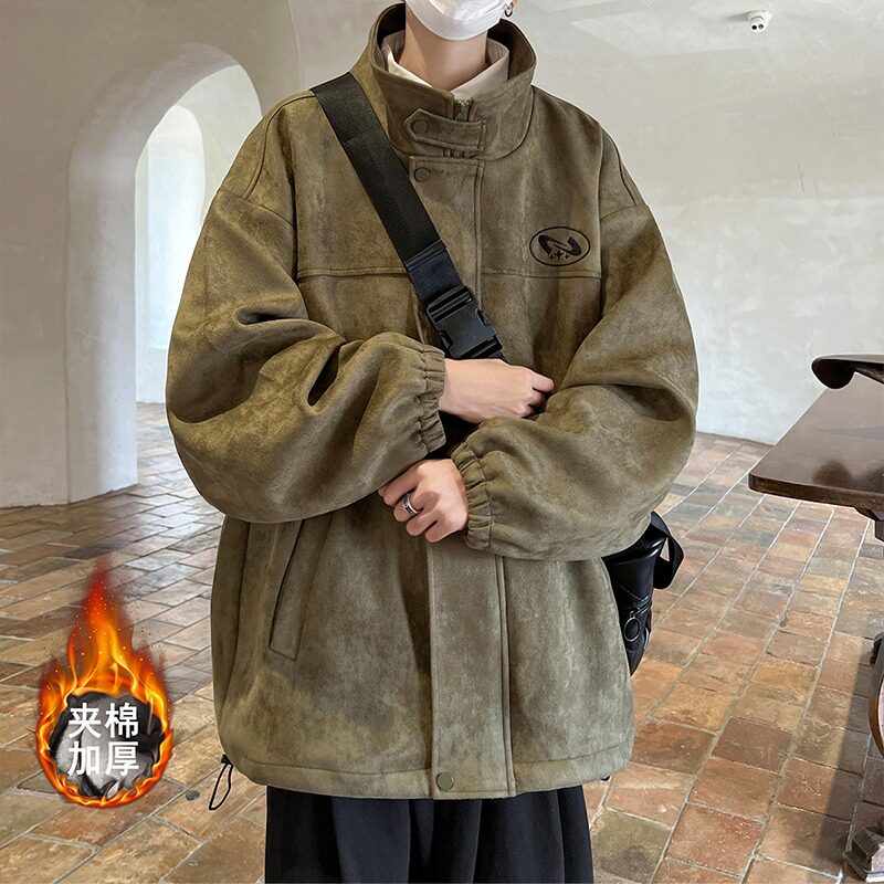 美式复古麂皮绒外套男款秋季高级感大码宽松潮牌工装风衣夹克图片