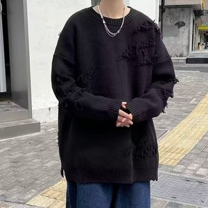 破洞毛衣宽松潮流日系复古百搭休闲下摆开叉针织衫线衣外套M14P40,黑色斜挎包搭配蓝色紧身打底裤图片