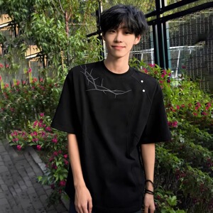 美式荆棘刺绣短袖T恤男夏季灰色拼接设计感重磅正肩上衣T802P28图片
