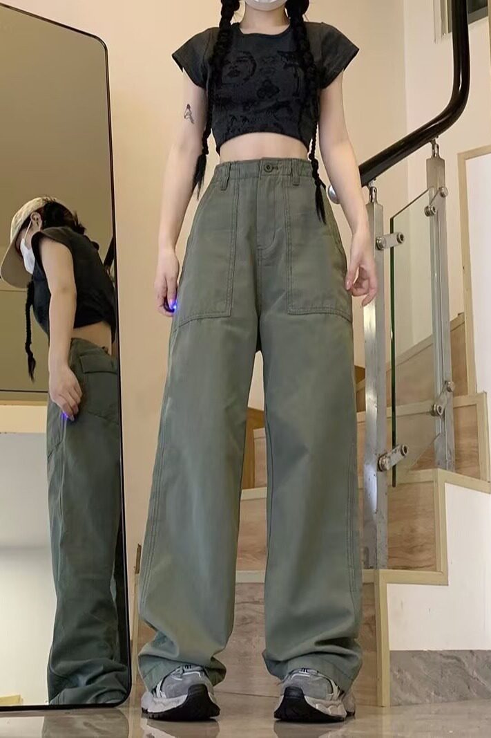 青少年复古重工线条裁剪工装裤女ins街头宽松直筒百搭长裤K895P50,女装休闲裤,星座1013-2