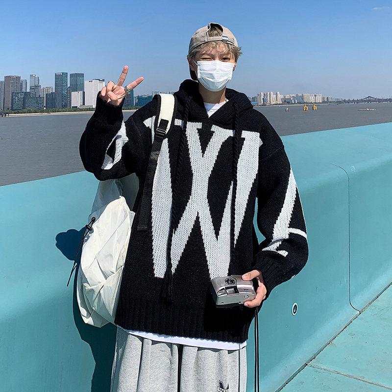 冬款男士青少年港风个性毛衣宽松外套连帽中长款针织衫潮M16，男装针织衫/毛衣，星座1013-2