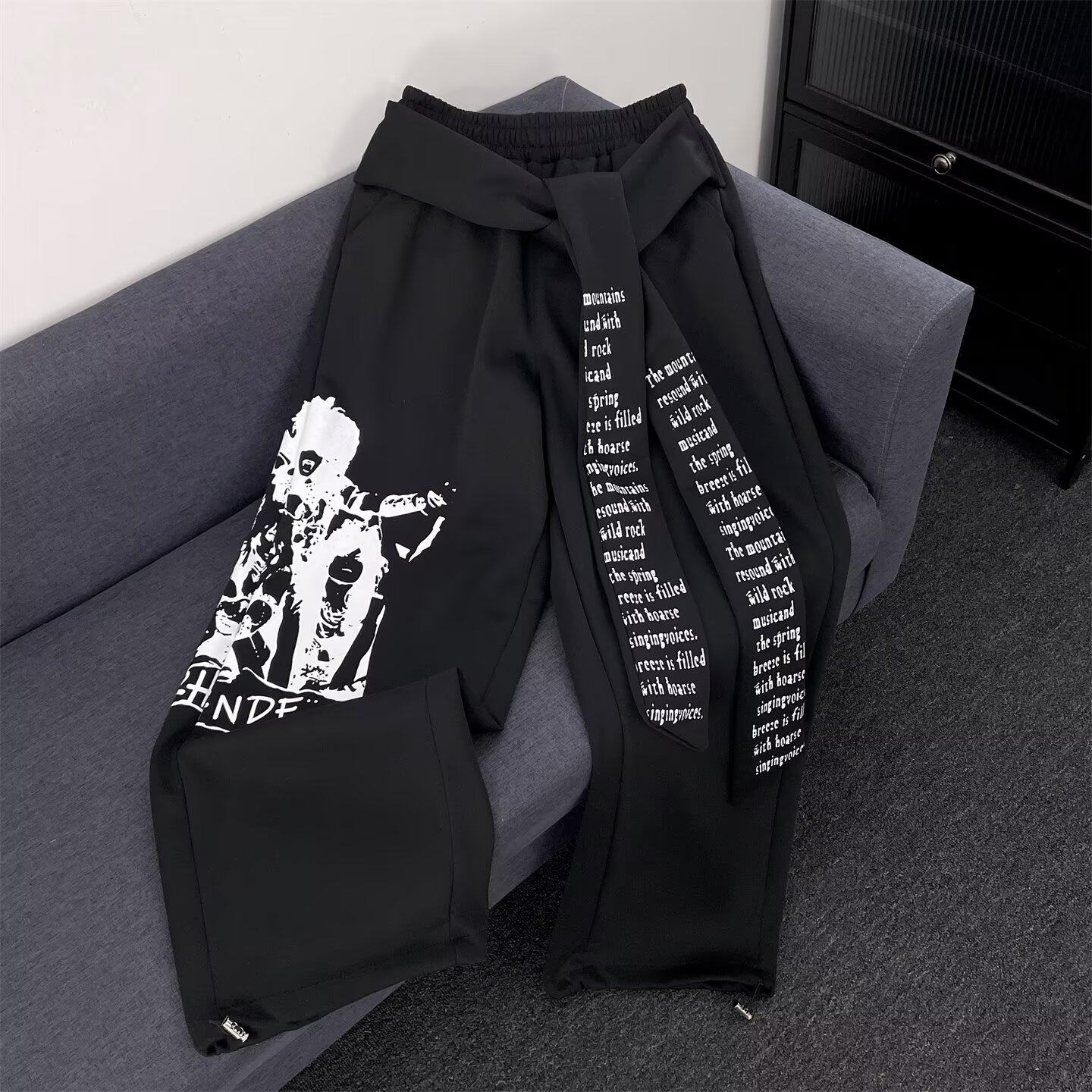 秋季个性拼接印花阔腿裤男女美式复古小众飘带复古休闲裤K8078P48，女装休闲裤，星座1013-2