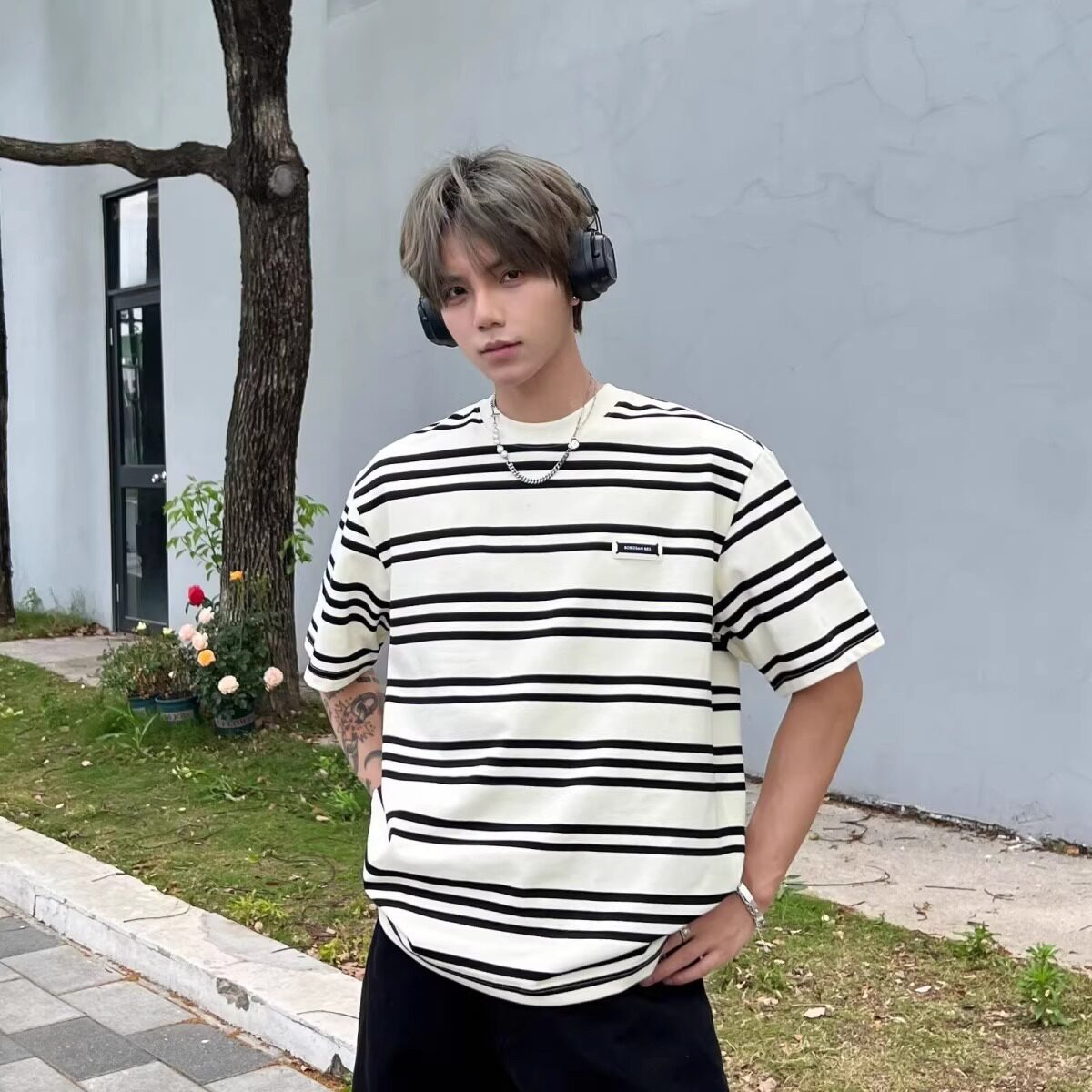 潮牌条纹短袖T恤男女宽松重磅夏季美式休闲情侣款半袖体恤T880P25，男装T恤，星座1013-2