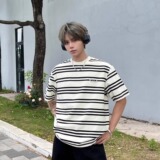 潮牌条纹短袖T恤男女宽松重磅夏季美式休闲情侣款半袖体恤T880P25，男装T恤，星座1013-2