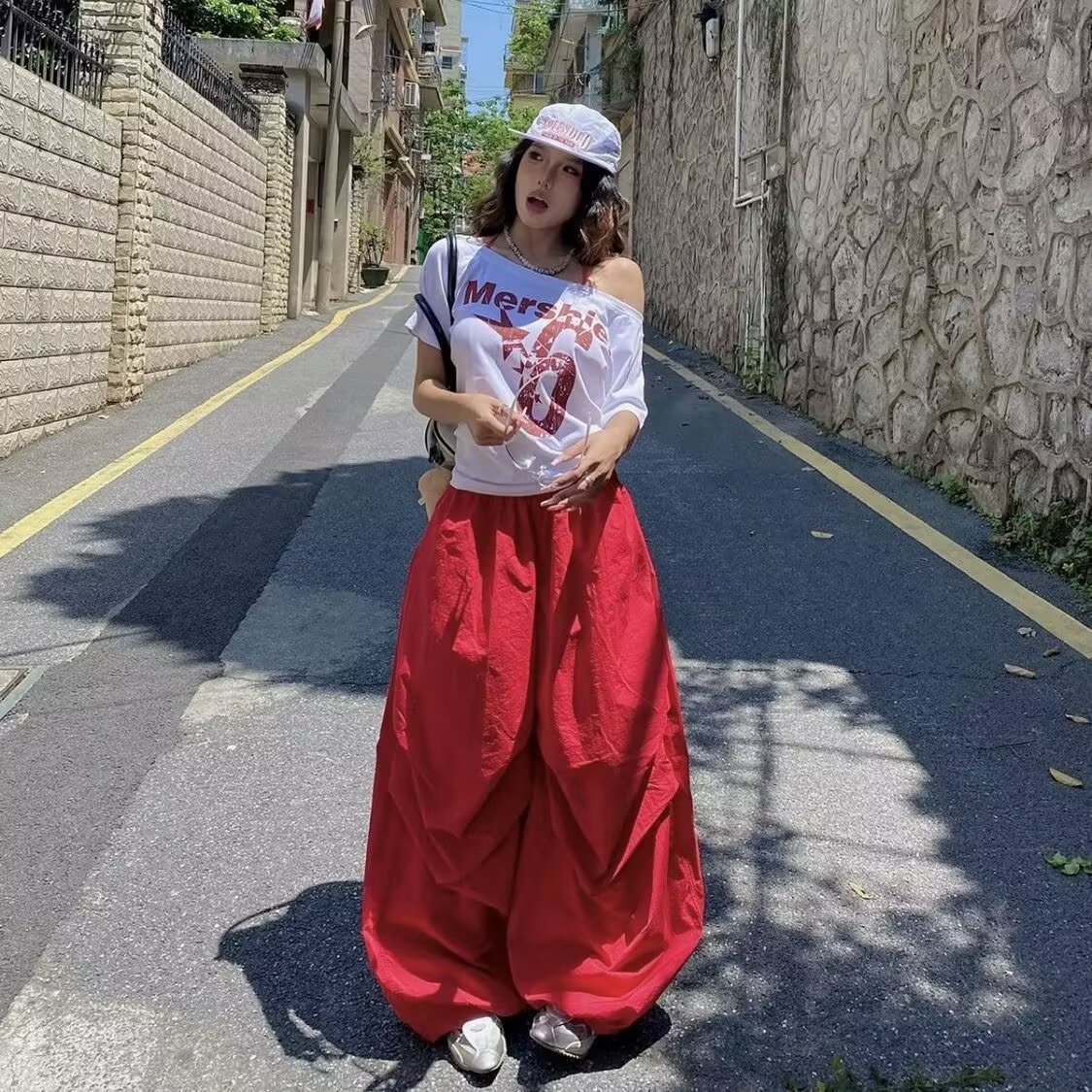 复古阔腿休闲裤女男夏日慵懒松弛感褶皱伞兵裤垂感拖地裤K8038P45，女装休闲裤，星座1013-2