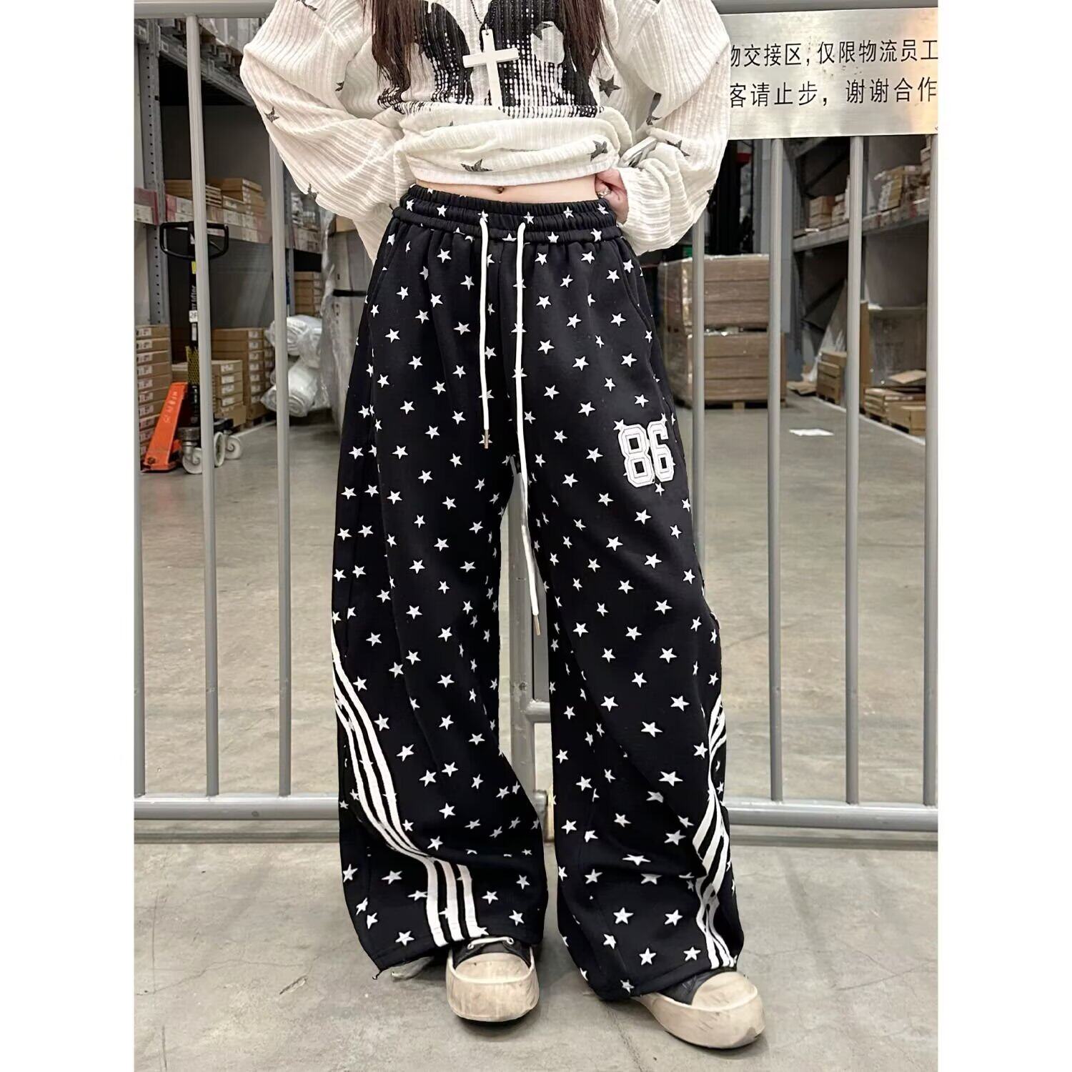 复古星星满印微喇裤韩系显瘦直筒裤拖地百搭休闲裤K8154P48，女装休闲裤，星座1013-2