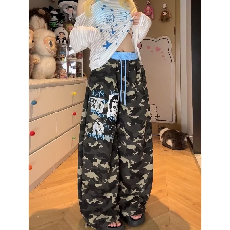 设计感解构多口袋迷彩弯刀工装裤男女阔腿拖地休闲裤潮K8158P50,女装休闲裤,星座1013-3