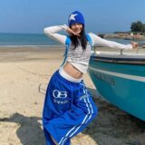 春秋双腰头字母印花弯刀阔腿慵懒风百搭男女街头休闲长裤K8132P48，女装休闲裤，星座1013-2