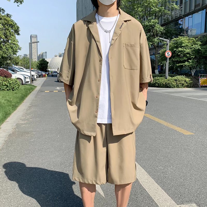 夏款男士青少年港风运动套装短袖衬衫短裤休闲时尚两件套A52P55,男装休闲套装,星座1013-2