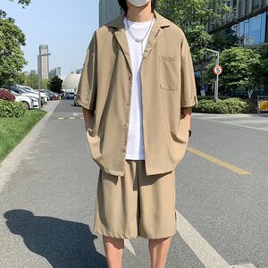 夏款男士青少年港风运动套装短袖衬衫短裤休闲时尚两件套A52P55,短袖搭配黑色短裤图片