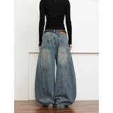 夏复古水洗做旧新款阔腿牛仔裤男女解构廓形设计感弯刀裤NK725P50，女装牛仔裤，星座1013-2