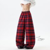 风格纹休闲裤男女同款美式复古街头运动直筒垂感阔腿长裤8118P50，男装休闲裤，星座1013-2