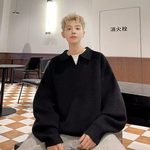 纯色Polo衫毛衣男秋冬季翻领针织衫高街百搭休闲运动上衣M6510P55图片