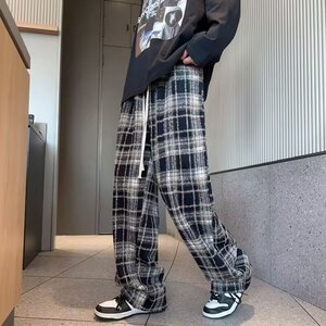 格子裤子男秋冬新款高腰垂感阔腿裤休闲春秋毛呢裤K923P40图片