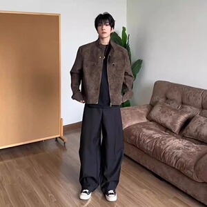 PU皮夹克男女宽松立领短款机车皮衣情侣美式复古休闲外套PY235P65图片