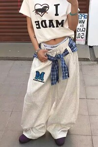 春秋女宽松潮流直筒裤藏青休闲裤女带围裙拼接透气长裤K8076P55图片