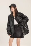 高级感皮衣外套女宽松美式复古机车风翻领PU皮夹克春秋PY56P80，男装T恤，星座1013-2