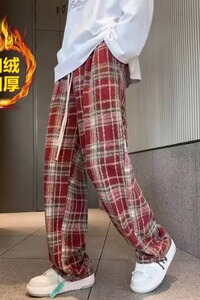 绿色毛呢格子裤男秋冬高腰垂感休闲直筒窄版加绒阔腿裤K923绒P50图片