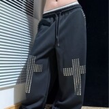 美式复古黑色铆钉烫钻工装休闲裤女高街宽松垂感阔腿裤子K8114P55，女装休闲裤，星座1013-2