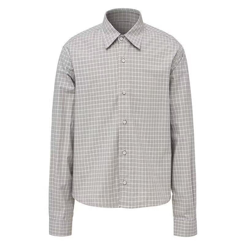 日系翻领灰白格子长袖衬衫男生秋季宽松休闲开衫上衣外套C01P45，男装衬衫，星座1013-2