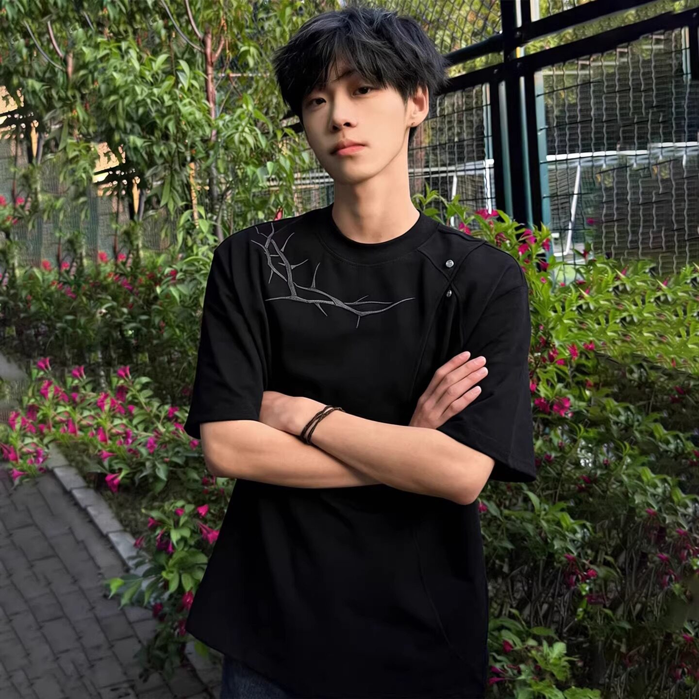 美式荆棘刺绣短袖T恤男夏季灰色拼接设计感重磅正肩上衣T802P28，男装T恤，星座1013-2