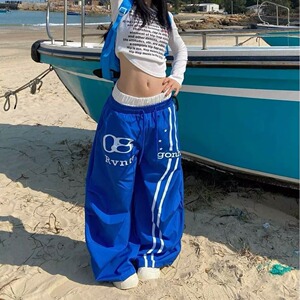 春秋双腰头字母印花弯刀阔腿慵懒风百搭男女街头休闲长裤K8132P48图片