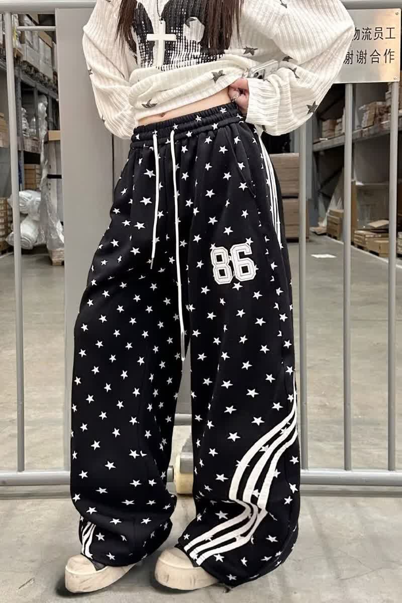 复古星星满印微喇裤韩系显瘦直筒裤拖地百搭休闲裤K8154P48,女装休闲裤,星座1013-2
