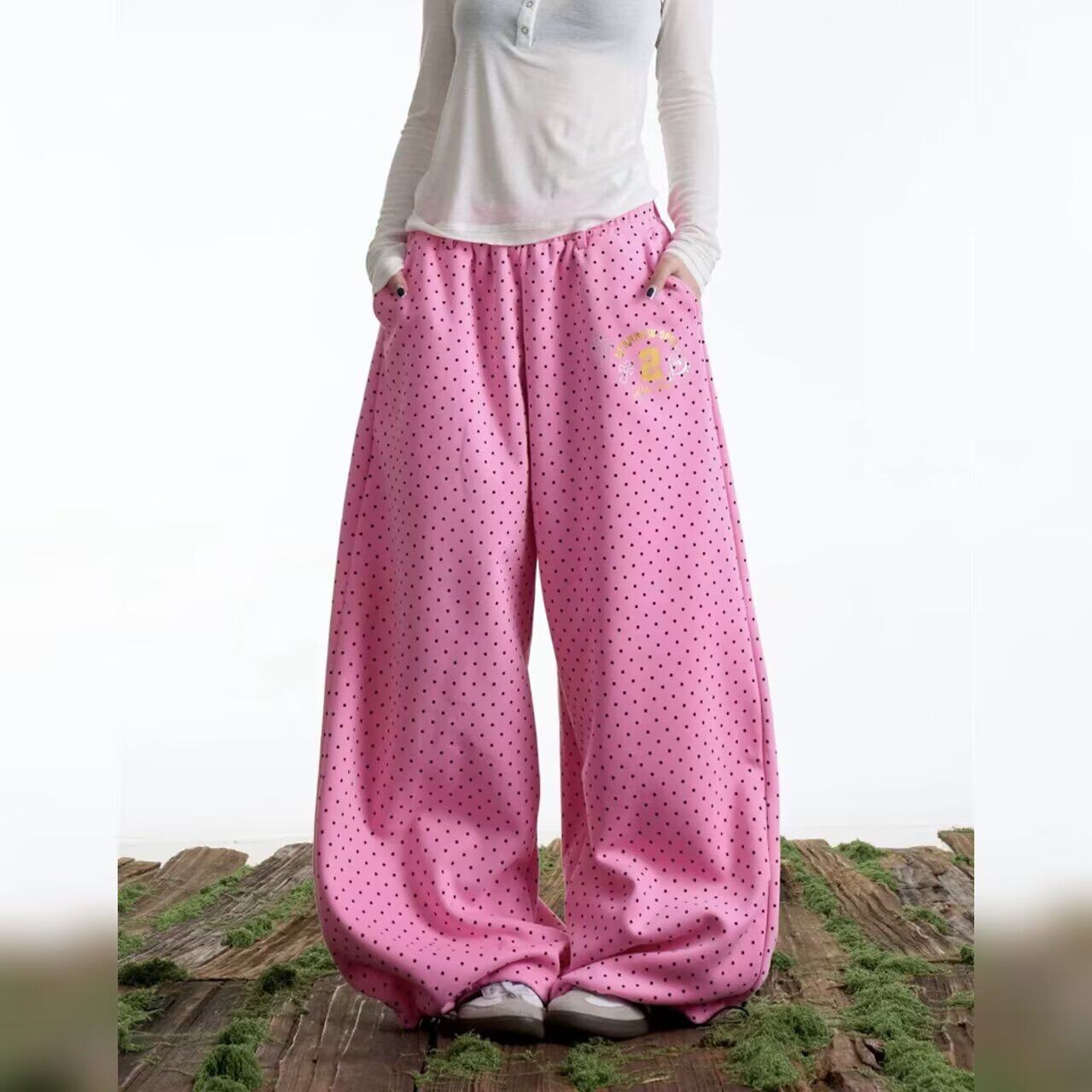 美式复古波点满印阔腿卫裤女宽松休闲慵懒垂感直筒长裤K8119P55，女装休闲裤，星座1013-2