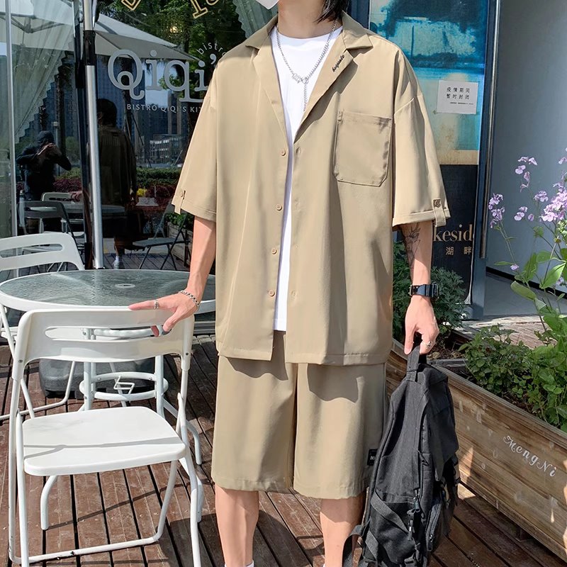 夏款男士青少年港风运动套装短袖衬衫短裤休闲时尚两件套A52P55,男装休闲套装,星座1013-2