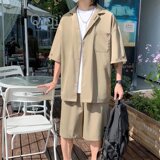 夏款男士青少年港风运动套装短袖衬衫短裤休闲时尚两件套A52P55，男装休闲套装，星座1013-2