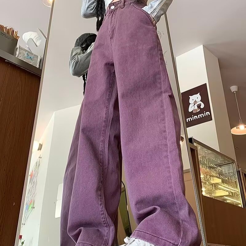 复古紫色工装牛仔长裤女显瘦春夏薄款直筒微喇阔腿裤子NK703P40，女装牛仔裤，星座1013-2